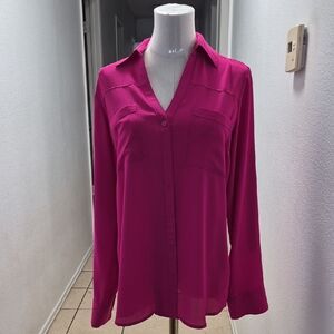 Express Fuchsia Button-Down V-Neck Long Sleeve Blouse